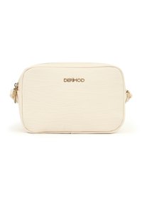 Beige rectangular crossbody bag with subtle wave texture, gold logo text "DERIMOD," and a zipper on the top and side strap.