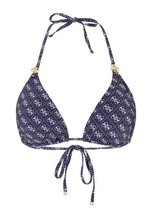 Góra bikini w kształcie trójkąta w kolorze granatowym z białym wzorem monogramu, złote koraliki z logo na ramiączkach oraz regulowane wiązania na szyi i plecach.