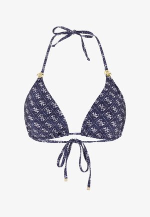 Góra bikini w kształcie trójkąta w kolorze granatowym z białym wzorem monogramu, złote koraliki z logo na ramiączkach oraz regulowane wiązania na szyi i plecach.