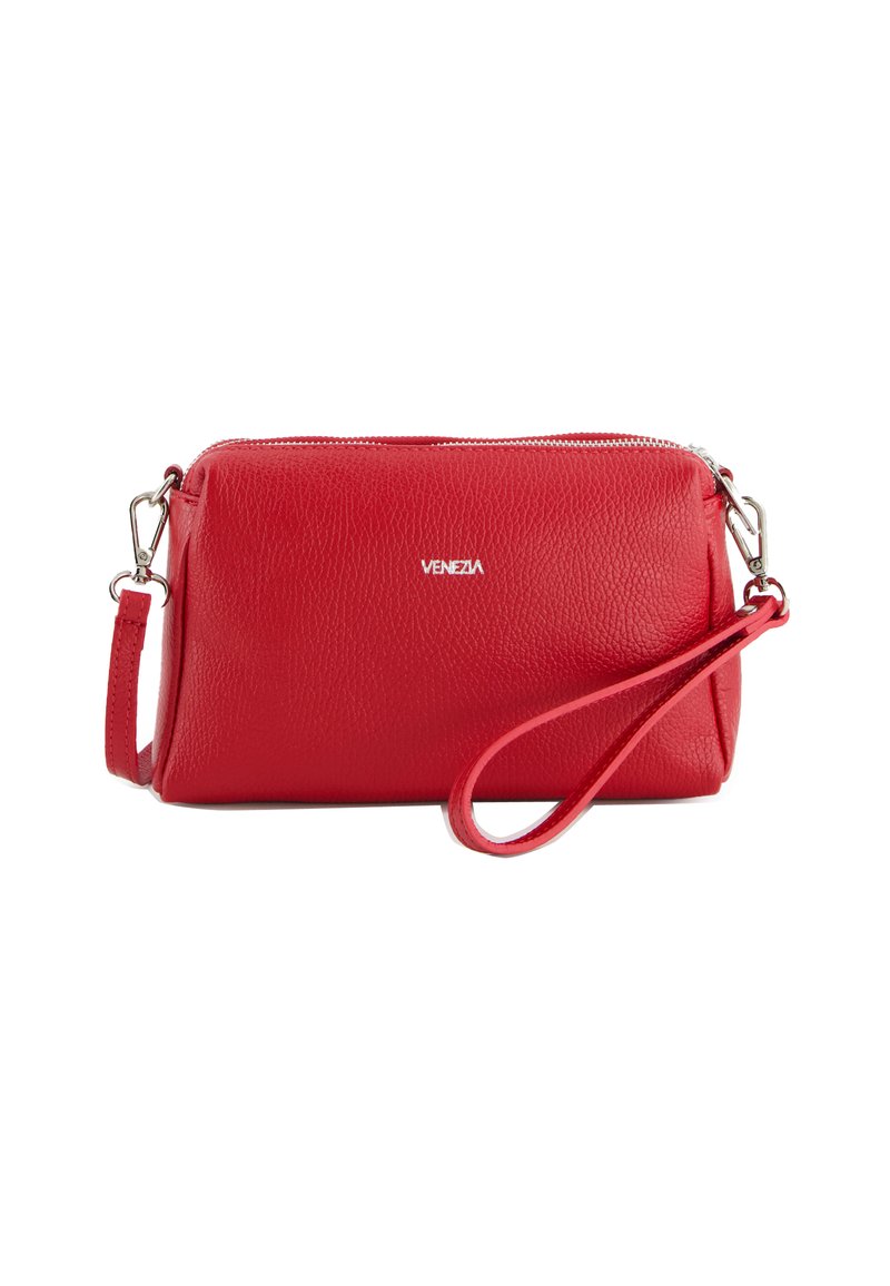 Red leather crossbody bag with textured surface, silver hardware, zipper top, and detachable strap. "VENEZIA" logo embossed on the front.
