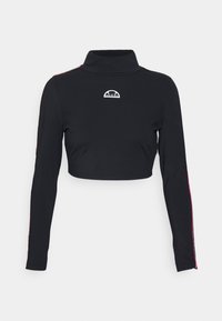 Musta pitkähihainen lyhyt toppi, jossa on korkea kaulus. Rinnassa valkoinen logo ja kontrastoivat punaiset sivuviirut. Sujuva kangaslaatu.