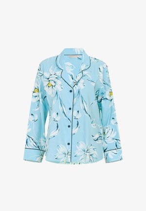 Lichtblauw bloemen pyjama bovenstuk met lange mouwen, witte en gele bloempatronen, zwarte bies en knoopsluiting. Zachte stoftextuur.