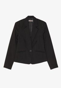 Black blazer with a fitted design, single button closure, notched lapels, and two front pockets. Smooth fabric with subtle sheen.