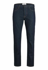 Jeans en denim bleu foncé avec une coupe droite, un design à cinq poches, des coutures contrastées et une fermeture à bouton avec une étiquette de logo sur la ceinture.