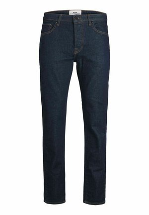 Dunkelblaue Jeans aus Denim mit geradem Schnitt, Fünf-Taschen-Design, kontrastierenden Nähten und Knopfverschluss mit einem Logo-Tag an dem Bund.