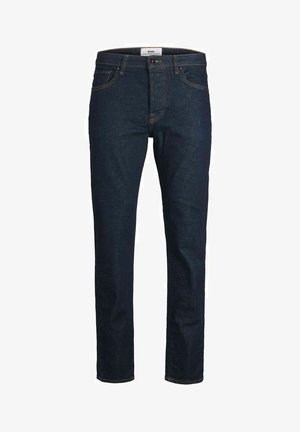 Dunkelblaue Jeans aus Denim mit geradem Schnitt, Fünf-Taschen-Design, kontrastierenden Nähten und Knopfverschluss mit einem Logo-Tag an dem Bund.