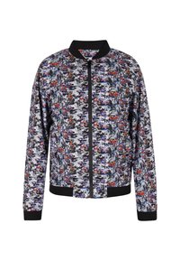 Bomber bunda s vzorem, která se vyznačuje černým, šedým a vícebarevným designem, zapínáním na zip a černými žebrovanými manžetami a límcem.