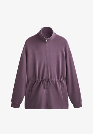Fialová zipová bunda vyrobená z mäkkej textílie, s dlhými rukávmi, vysokým golierom, elastickým sťahovacím pásom a dvoma prednými vreckami.