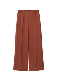 Wide-leg trousers in rusty orange fabric, featuring an elastic waistband and two front pleats, with a smooth texture and no additional accents.