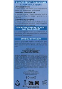 Confezione blu con testo bianco e verde che descrive i benefici del prodotto, le istruzioni per l'uso e gli ingredienti. Contiene 30 mL di siero.