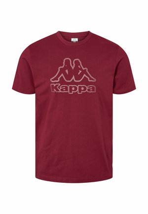 Weinrote T-Shirt aus Baumwolle mit kurzen Ärmeln, ausgestattet mit einer großen Grafik von zwei Figuren und dem weißen "Kappa"-Logo.