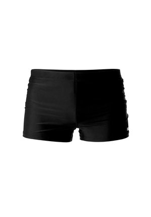 Czarne spodenki kąpielowe wykonane z gładkiego, elastycznego materiału. Charakteryzują się dopasowanym krojem, prostą talią i minimalistycznym logo na boku.