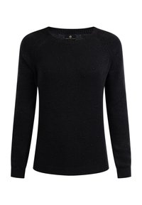 Maglione nero in tessuto a maglia con scollo rotondo e motivi a pois testurizzati. Maniche lunghe con polsini e orlo a costine.