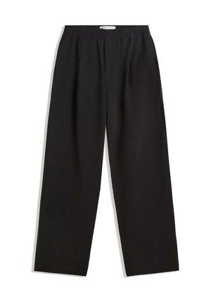 Pantalons noirs à jambes larges avec une taille élastique ; fabriqués en tissu doux, avec des coutures minimales et sans motifs ni accents visibles.