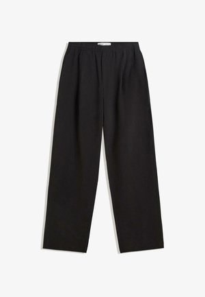 Black, wide-leg trousers with an elastic waistband; made from soft fabric featuring minimal seams and no visible patterns or accents.
