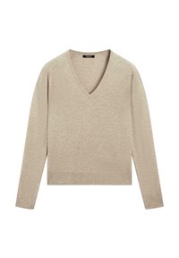 Beige V-Ausschnitt-Pullover mit langen Ärmeln, aus weichem Material gefertigt. Verfügt über ein cropped Design und eine glatte Textur, geeignet zum Layering.