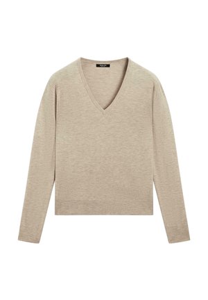 Beige V-neck sweater with long sleeves, crafted from soft material. Features a cropped design and smooth texture, suitable for layering.
