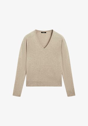 Beige V-ringad tröja med långa ärmar, tillverkad av mjukt material. Har en kortad design och en slät yta, perfekt för lager på lager.