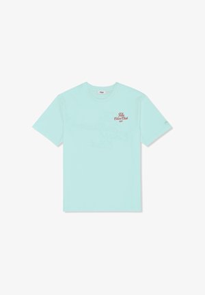Light blue short-sleeve T-shirt with red "Fila Court Club 1911" text on the upper left chest and a small logo on the left sleeve.