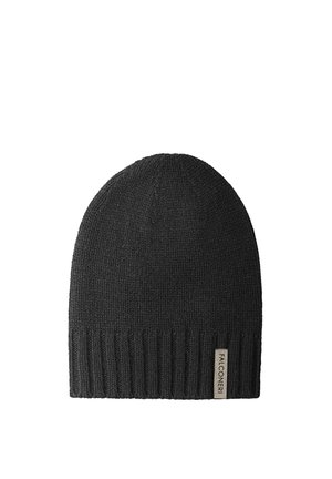 Bonnet noir en maille avec bord côtelé et petite étiquette rectangulaire de la marque Falconeri sur le bord inférieur.