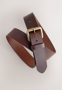 Brown leather belt with a smooth finish, single prong brass buckle, and multiple belt holes for adjustment. Rectangular end shape.