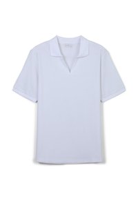 Weißes Polohemd mit gerippter Textur, kurzen Ärmeln und einem V-förmigen Ausschnitt. Hergestellt aus weichem Stoff, mit klassischem Kragen.