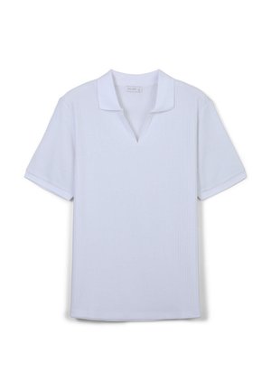 White polo shirt with a ribbed texture, short sleeves, and a V-shaped neckline. Made from soft fabric, featuring a classic collar.