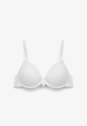 Reggiseno imbottito in pizzo bianco con ferretto, spalline regolabili e un piccolo fiocco decorativo al centro davanti.