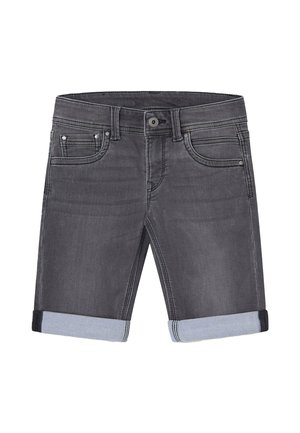 Short en jean gris foncé avec revers roulés, bouton frontal, fermeture éclair et design à cinq poches.