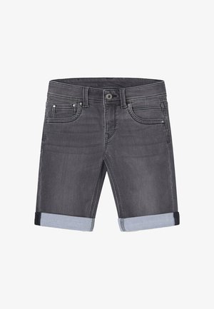Dunkelgraue Jeansshorts mit umgeschlagenen Säumen, vorne mit Knopf, Reißverschluss und Fünf-Taschen-Design.