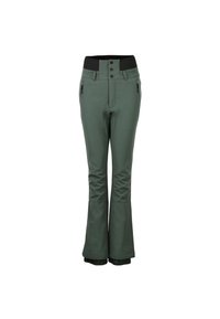 Pantaloni da sci verdi realizzati in materiale resistente all'acqua con una texture liscia. Presentano una vita alta, due tasche con cerniera e una gamba svasata.
