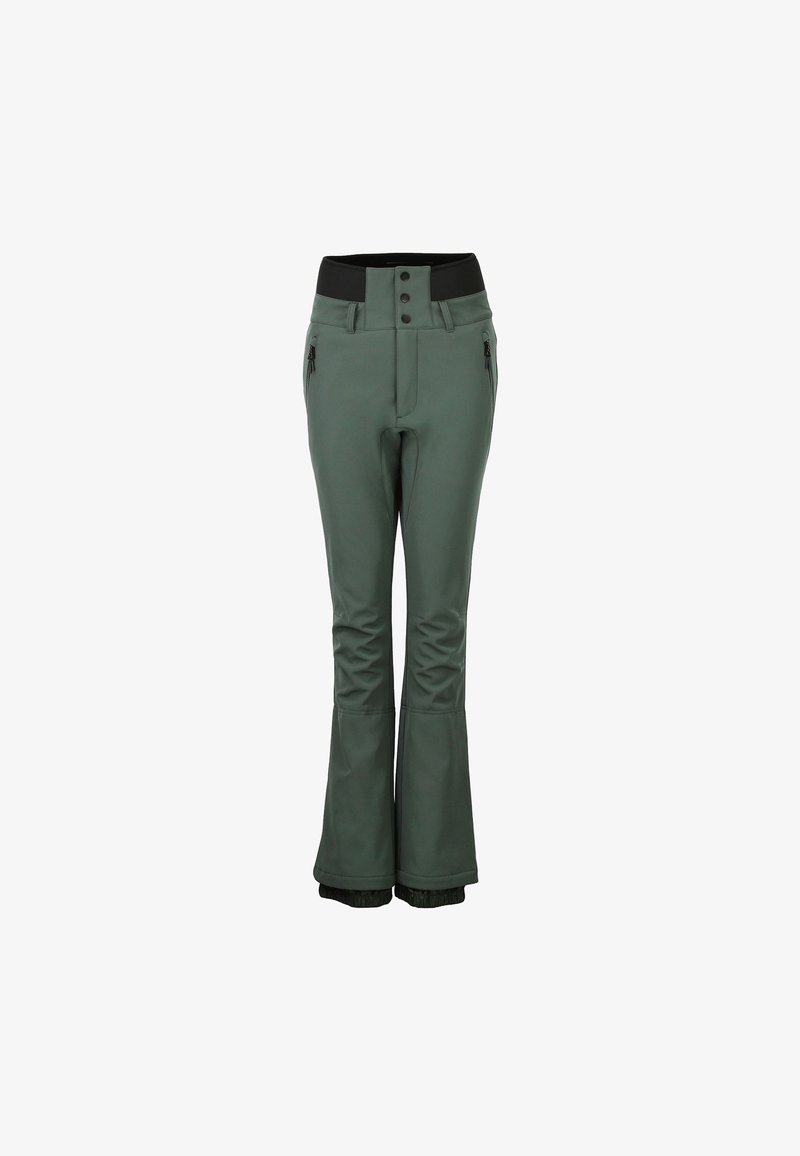 Pantaloni da sci verdi realizzati in materiale resistente all'acqua con una texture liscia. Presentano una vita alta, due tasche con cerniera e una gamba svasata.