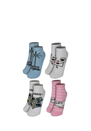 Vier Paar Knöchelsocken mit Harry-Potter-Motiven: blau mit "Expecto Patronum", weiß mit Eulenbriefen, weiß mit Hogwarts-Wappen, rosa mit weißer Eule.
