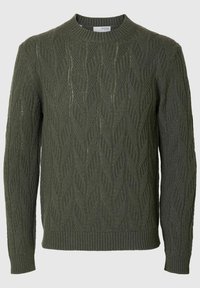 Tamsiai žalia megzta džemperis su apvalia iškirpte ir ilgomis rankovėmis, su lapų raštu ir raišteliais rankogaliuose bei apačioje.