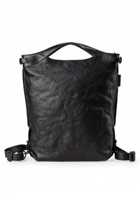 Schwarze Ledertasche mit strukturierter Oberfläche, Oberhandgriff und verstellbarem Schulterriemen. Sie verfügt über ein minimalistisches Design mit subtilen Akzenten.
