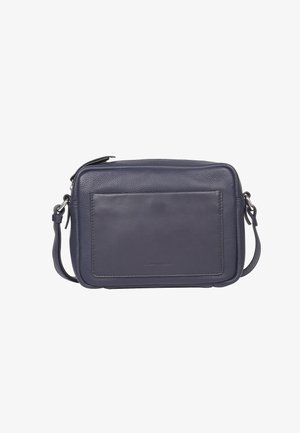 Borsa a tracolla in pelle color navale con superficie liscia, forma rettangolare, tracolla regolabile e tasca frontale. Design minimale senza dettagli metallici.