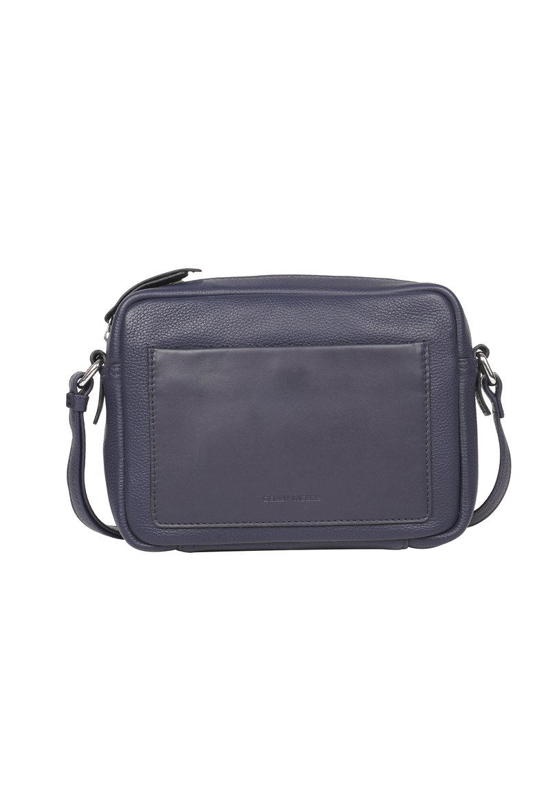 Navyleder Umhängetasche mit glatter Oberfläche, rechteckiger Form, verstellbarem Tragegurt und einer Fronttasche. Minimalistisches Design ohne Hardware-Akzente.