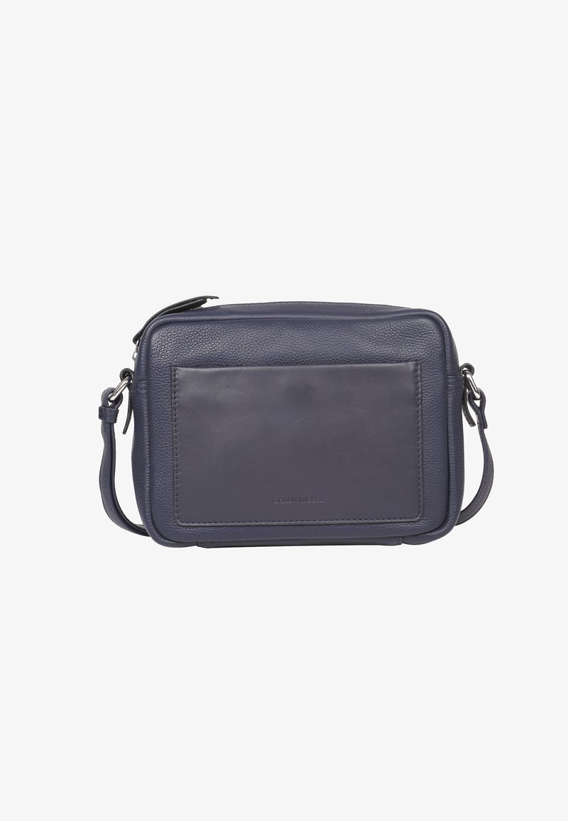 Borsa a tracolla in pelle color navale con superficie liscia, forma rettangolare, tracolla regolabile e tasca frontale. Design minimale senza dettagli metallici.