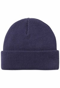 Berretto in maglia navy con texture a coste, dotato di risvolto e design a cupola. Materiale morbido ed elastico.