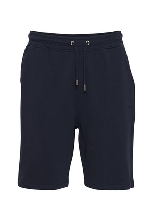 Donkerblauwe shorts van zacht materiaal met een elastische tailleband en een verstelbaar trekkoord. Voorzien van zijzakken en een relaxte pasvorm.