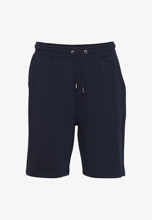 Donkerblauwe shorts van zacht materiaal met een elastische tailleband en een verstelbaar trekkoord. Voorzien van zijzakken en een relaxte pasvorm.