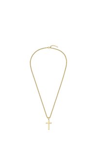 Guldtonad halsband med en smal kedja och ett minimalistiskt korshänge. Slät textur med en enkel design. Justerbar längd.