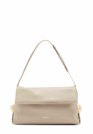 Sac à bandoulière en cuir beige avec bandoulière réglable et logo doré subtil au centre avant.