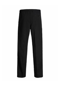 Pantalon noir droit avec taille élastique et petite poche arrière zippée, vu de dos sur fond blanc.