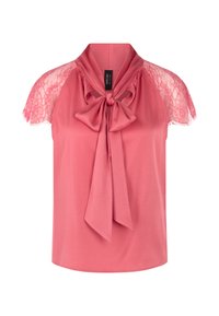Rosa Bluse mit kurzen Spitzeärmel, einer Schleife am Ausschnitt und glattem, strukturiertem Stoff. Hat einen entspannten Schnitt und einen abgerundeten Saum.