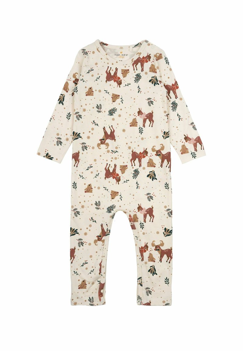 Bodysuit za dojenčke z dolgimi rokavi v kremni tkanini z vzorcem gozdnih živali, ki vsebuje rjave jelene in zeleno listje, z ribastimi manšetami in gumbnim zapiranjem.