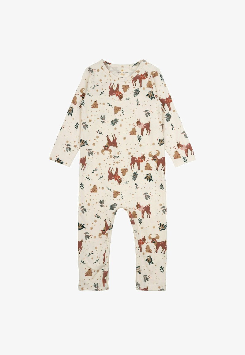 Bodysuit za dojenčke z dolgimi rokavi v kremni tkanini z vzorcem gozdnih živali, ki vsebuje rjave jelene in zeleno listje, z ribastimi manšetami in gumbnim zapiranjem.