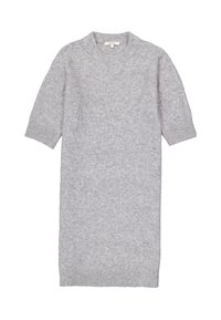 Robe tricotée gris clair avec un col rond et des manches courtes. Elle présente une coupe ample et un ourlet côtelé en bas et aux manches.
