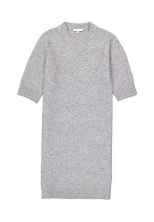 Hellgraues gestricktes Kleid mit rundem Ausschnitt und kurzen Ärmeln. Es hat einen lockeren Schnitt und einen gerippten Saum am unteren Ende und an den Ärmeln.