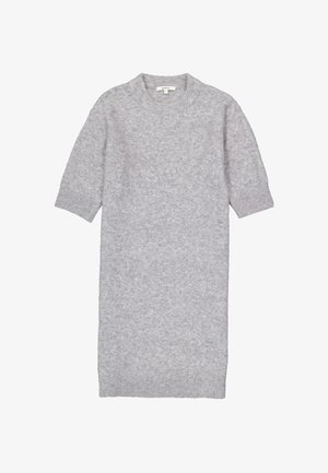 Hellgraues gestricktes Kleid mit rundem Ausschnitt und kurzen Ärmeln. Es hat einen lockeren Schnitt und einen gerippten Saum am unteren Ende und an den Ärmeln.